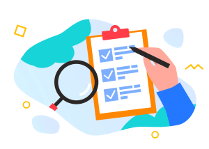 A magnifying glassnext to a clipboard with an arm and black pen hovering over simulated text next to green checkboxes. Compliance and compliance reviews are important topics that payers should keep top of mind. 